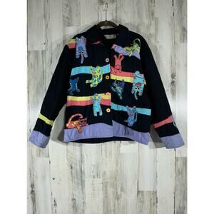 Vintage Lifestyle‎ Cardigan Jacket Multicolor Cool Cats Appliqué Small Petite